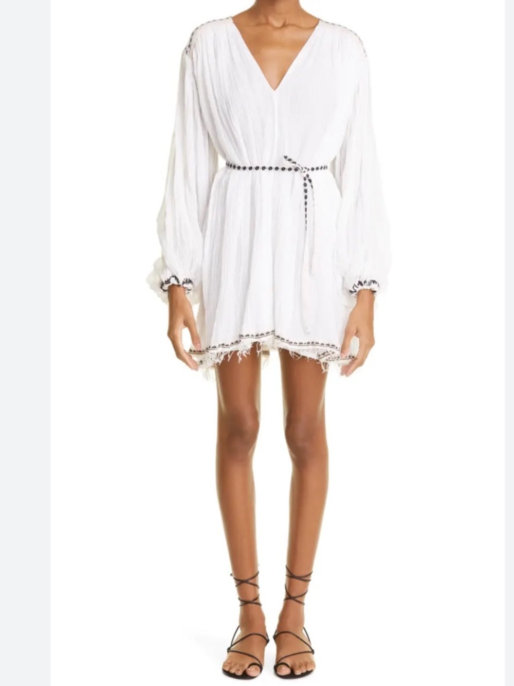 lemlem by Liya Kebede White Gauze Mini Dress XS S Belted Boho Resort Cover Up